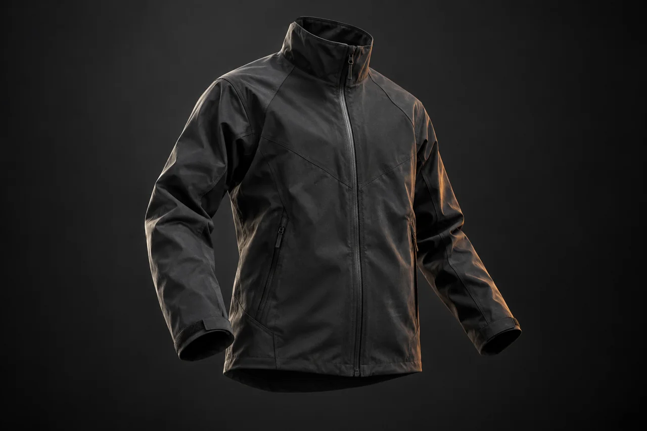 Dark technical jacket with visible seams